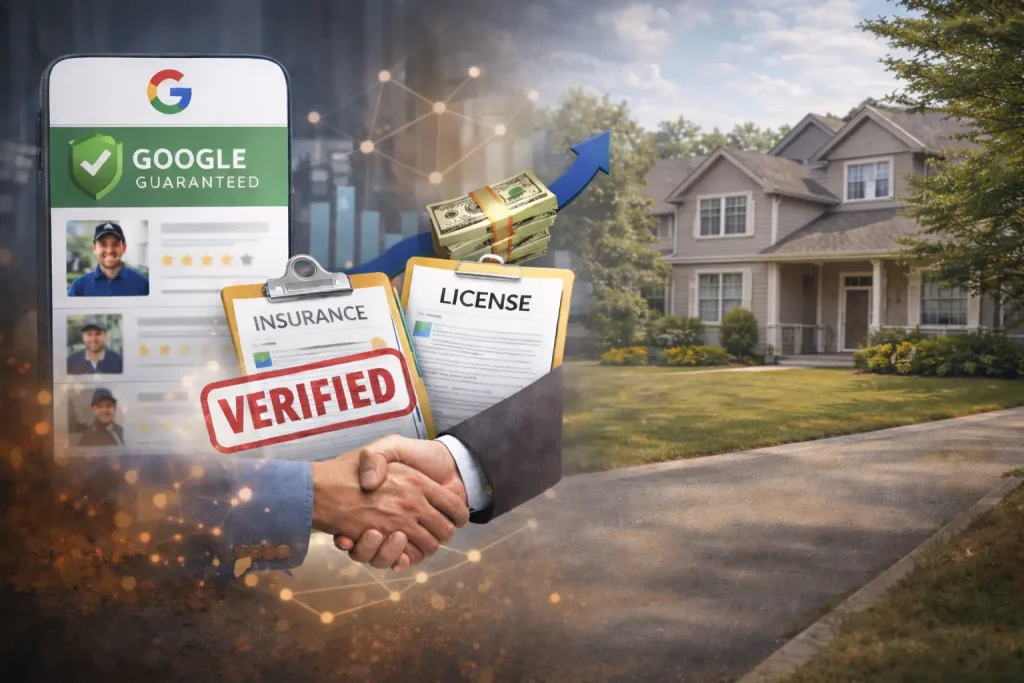 Google Guaranteed badge displayed on a Local Service Ads profile alongside verified license and insurance documents, representing trust and credibility for basement waterproofing contractors in a residential setting.