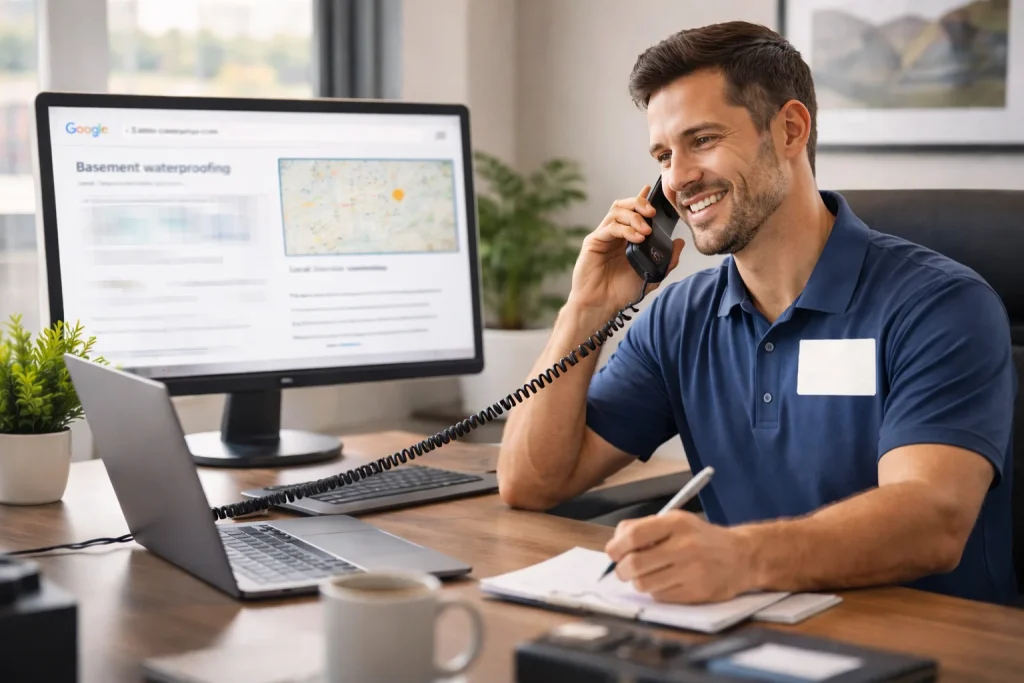 Professional contractor answering a phone call at a desk, representing high-quality leads generated through SEO, Local Service Ads, and Google Ads.