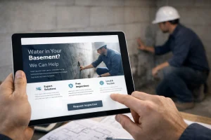 A tablet displays a water damage inspection ad, while a worker examines a basement wall in the background. Keywords: inspection, basement, water damage.